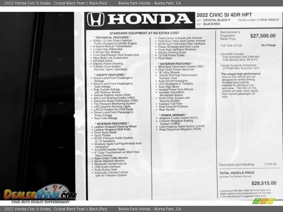 2022 Honda Civic Si Sedan Crystal Black Pearl / Black/Red Photo #35