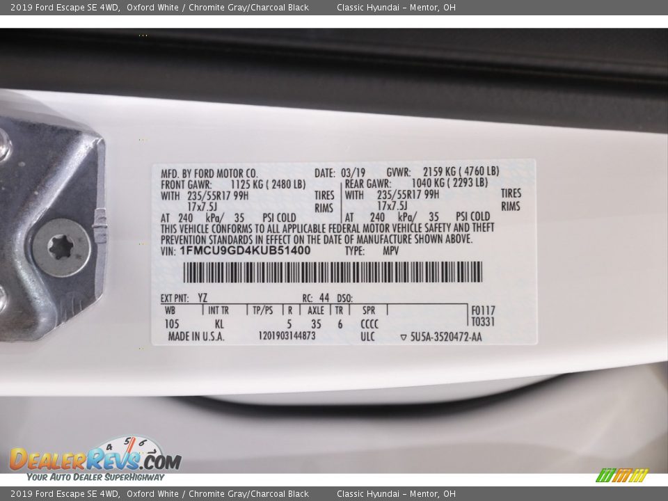 2019 Ford Escape SE 4WD Oxford White / Chromite Gray/Charcoal Black Photo #19