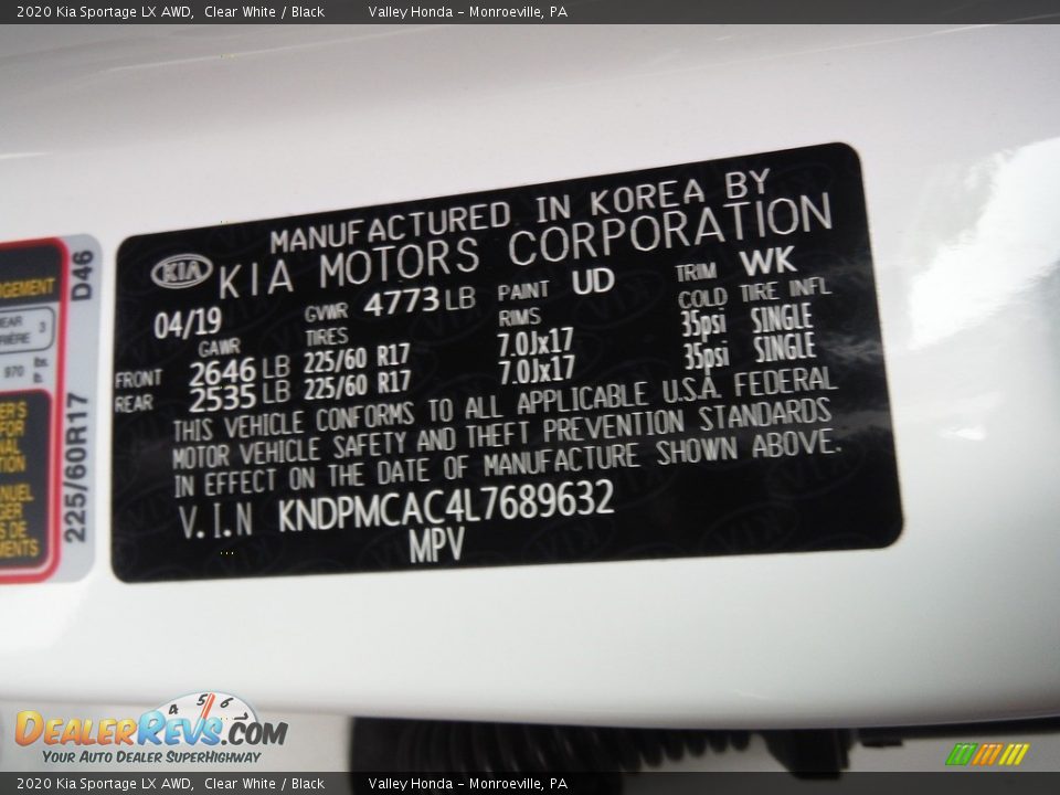 2020 Kia Sportage LX AWD Clear White / Black Photo #27