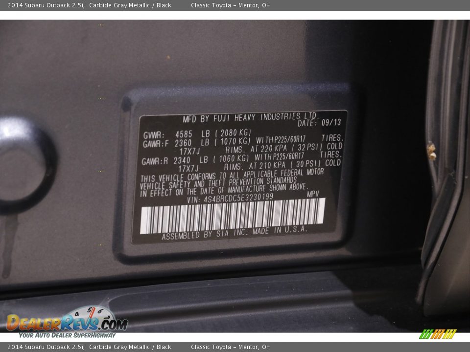 2014 Subaru Outback 2.5i Carbide Gray Metallic / Black Photo #18