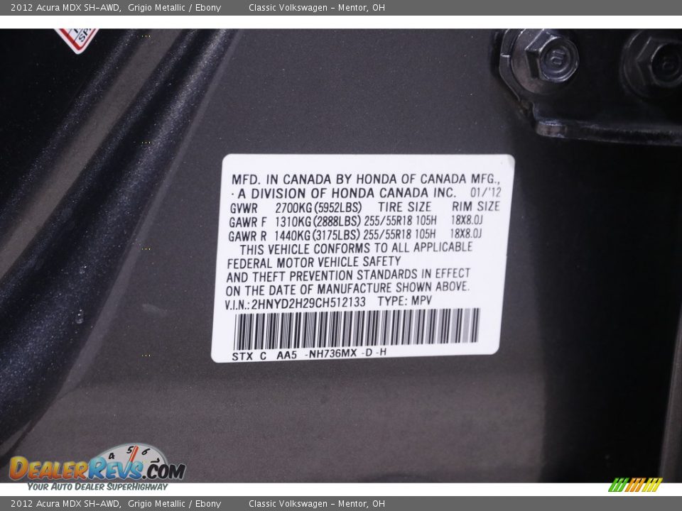 2012 Acura MDX SH-AWD Grigio Metallic / Ebony Photo #20