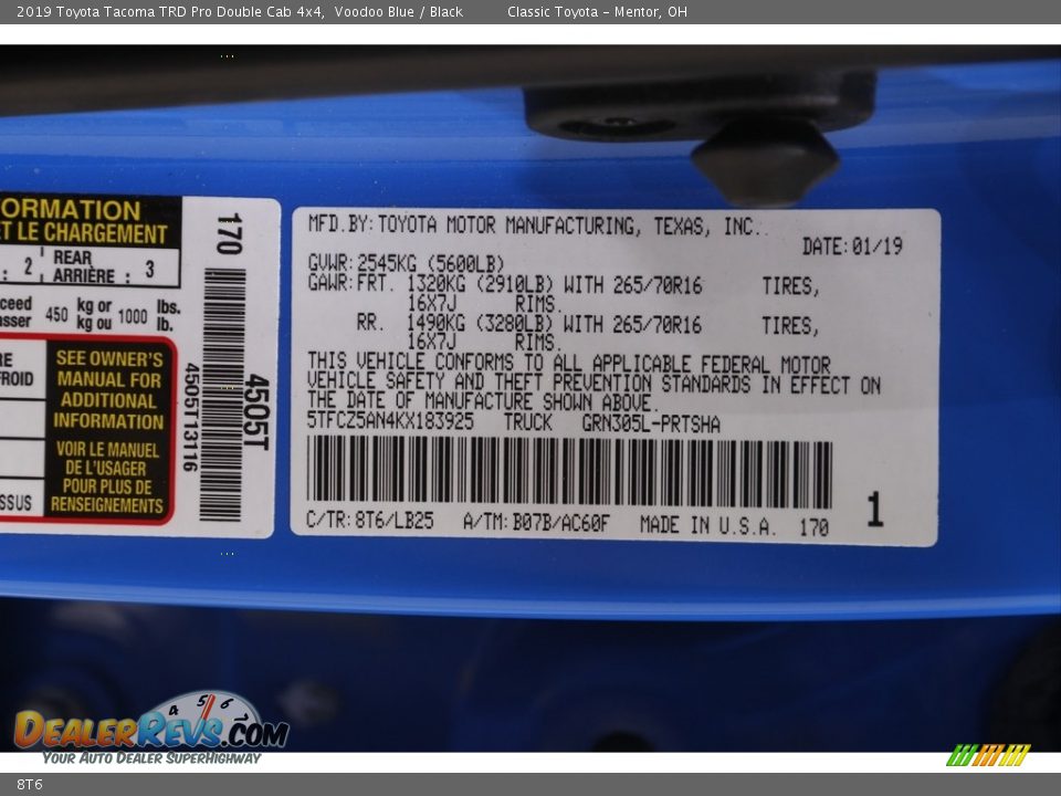 Toyota Color Code 8T6 Voodoo Blue