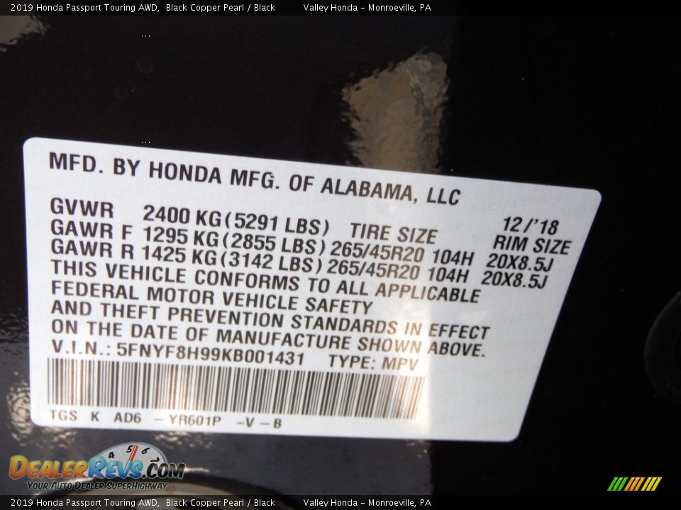 2019 Honda Passport Touring AWD Black Copper Pearl / Black Photo #35