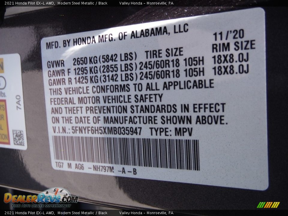 2021 Honda Pilot EX-L AWD Modern Steel Metallic / Black Photo #34