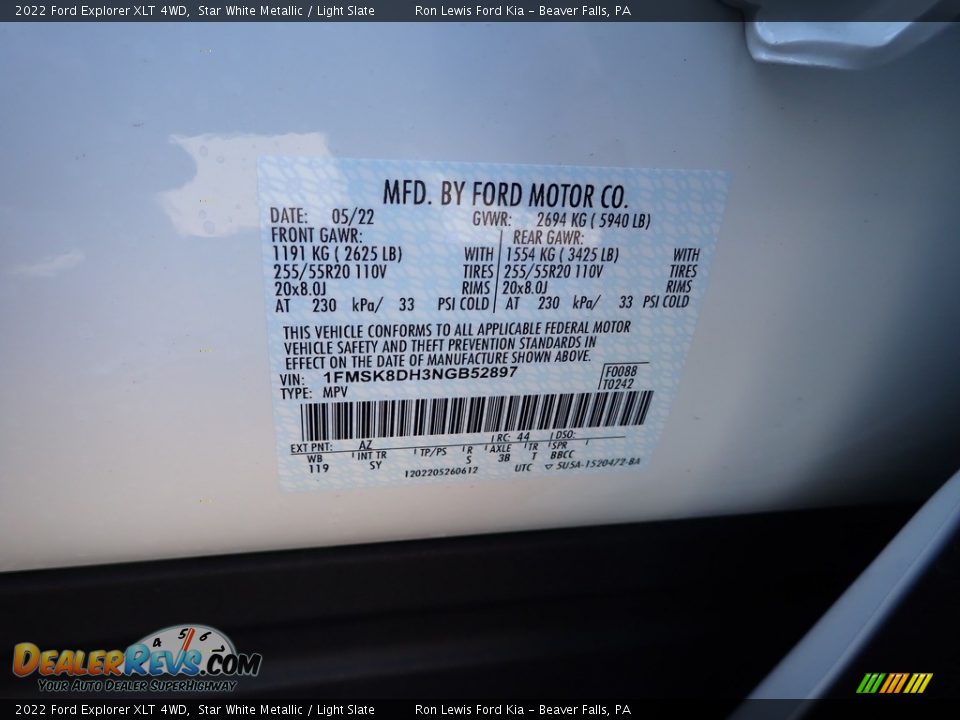 2022 Ford Explorer XLT 4WD Star White Metallic / Light Slate Photo #20