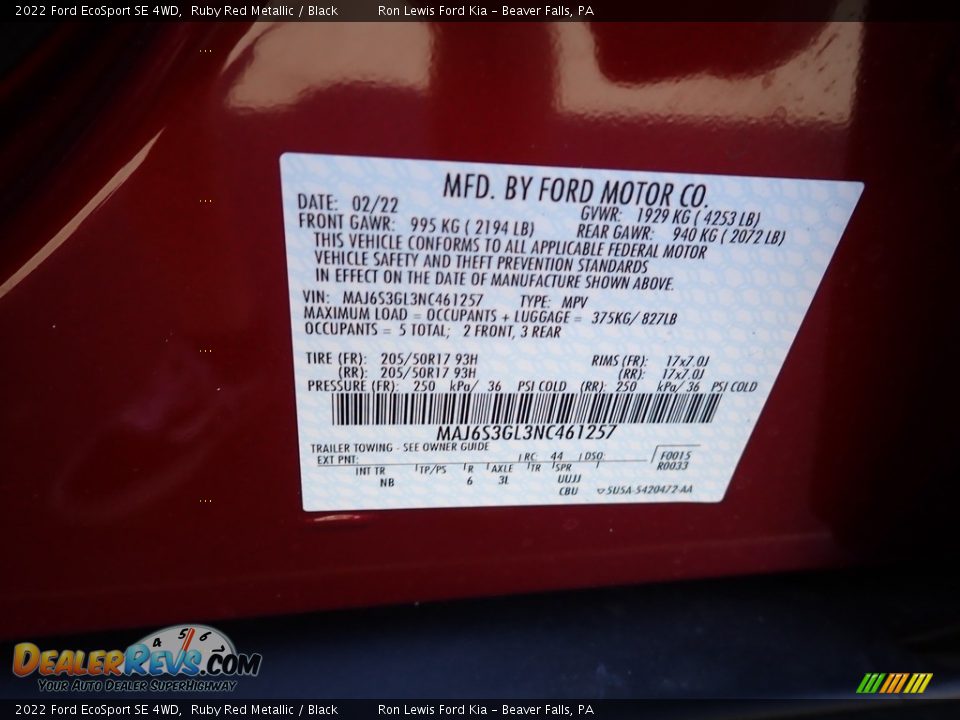 2022 Ford EcoSport SE 4WD Ruby Red Metallic / Black Photo #20