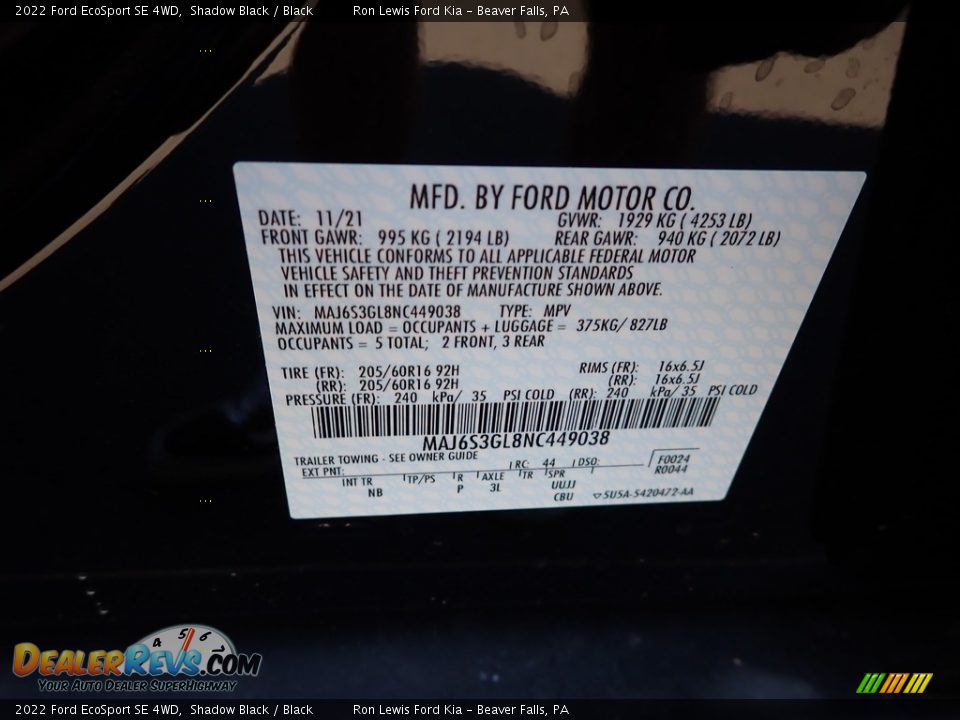 2022 Ford EcoSport SE 4WD Shadow Black / Black Photo #20