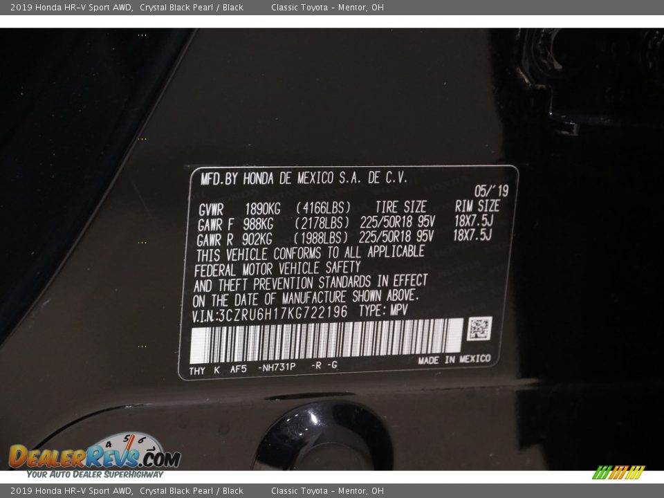 2019 Honda HR-V Sport AWD Crystal Black Pearl / Black Photo #19