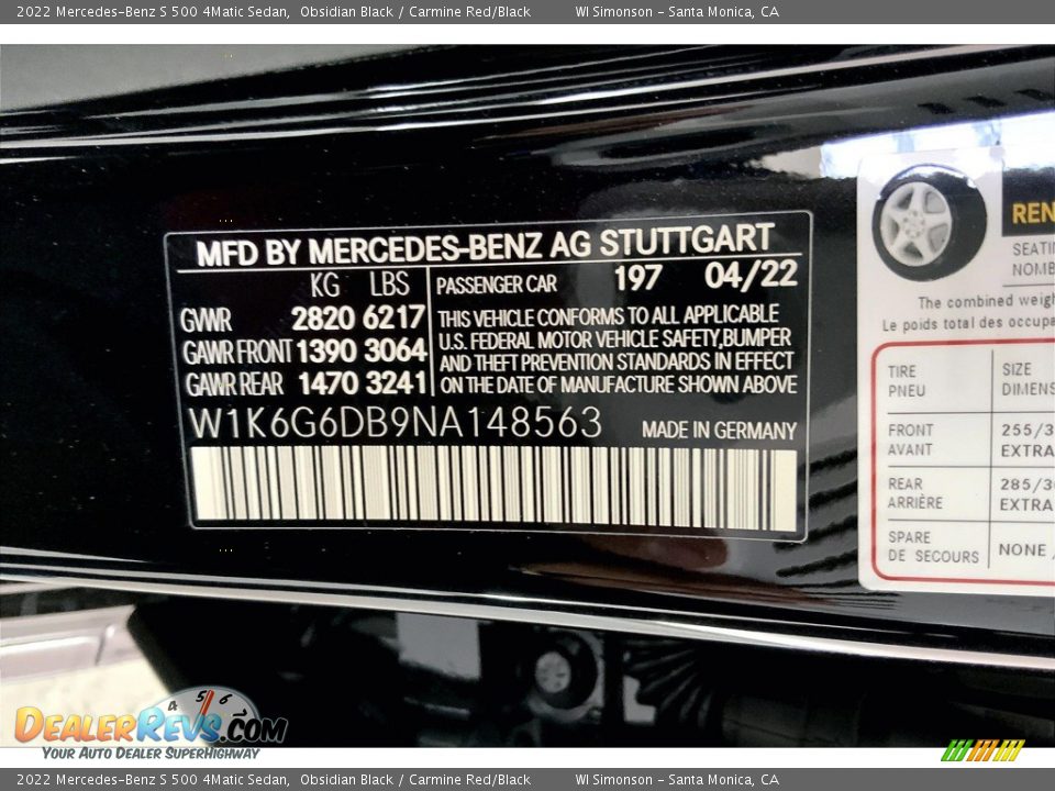 2022 Mercedes-Benz S 500 4Matic Sedan Obsidian Black / Carmine Red/Black Photo #11