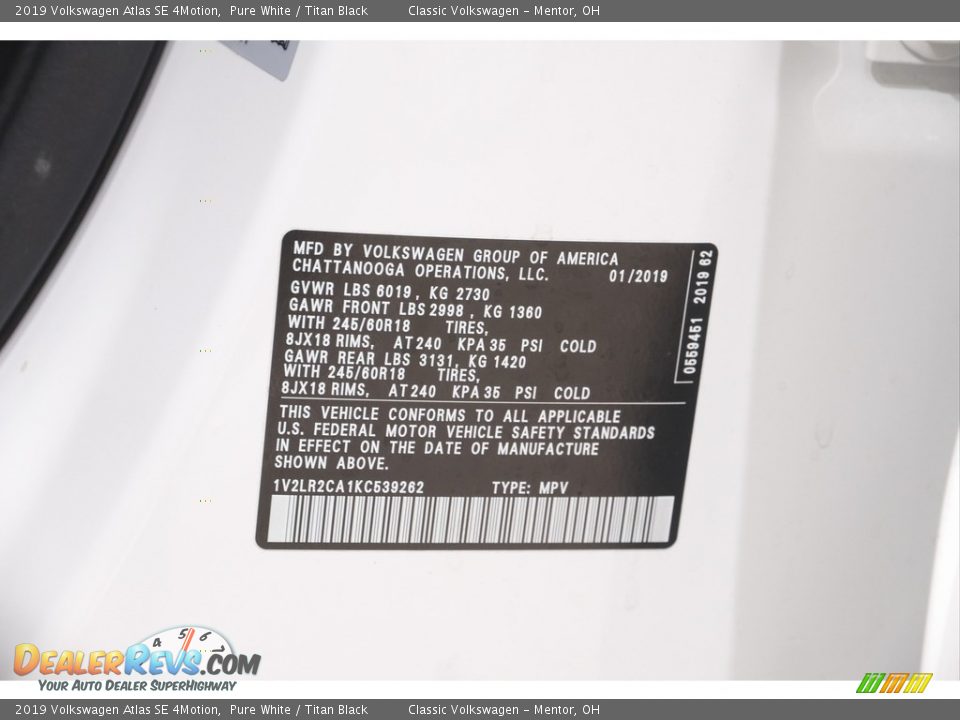2019 Volkswagen Atlas SE 4Motion Pure White / Titan Black Photo #22