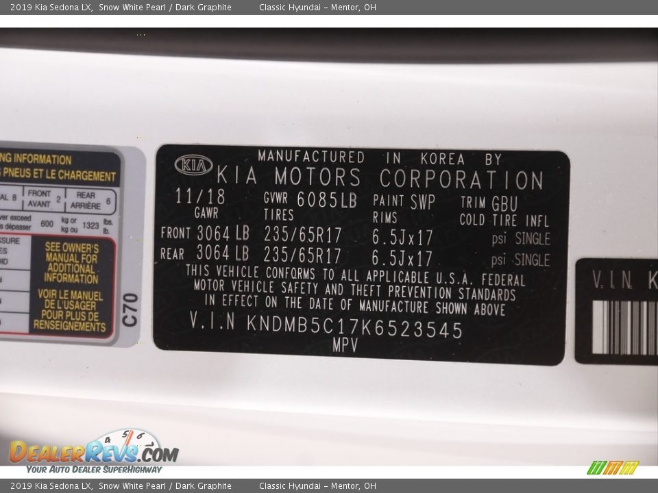 2019 Kia Sedona LX Snow White Pearl / Dark Graphite Photo #20