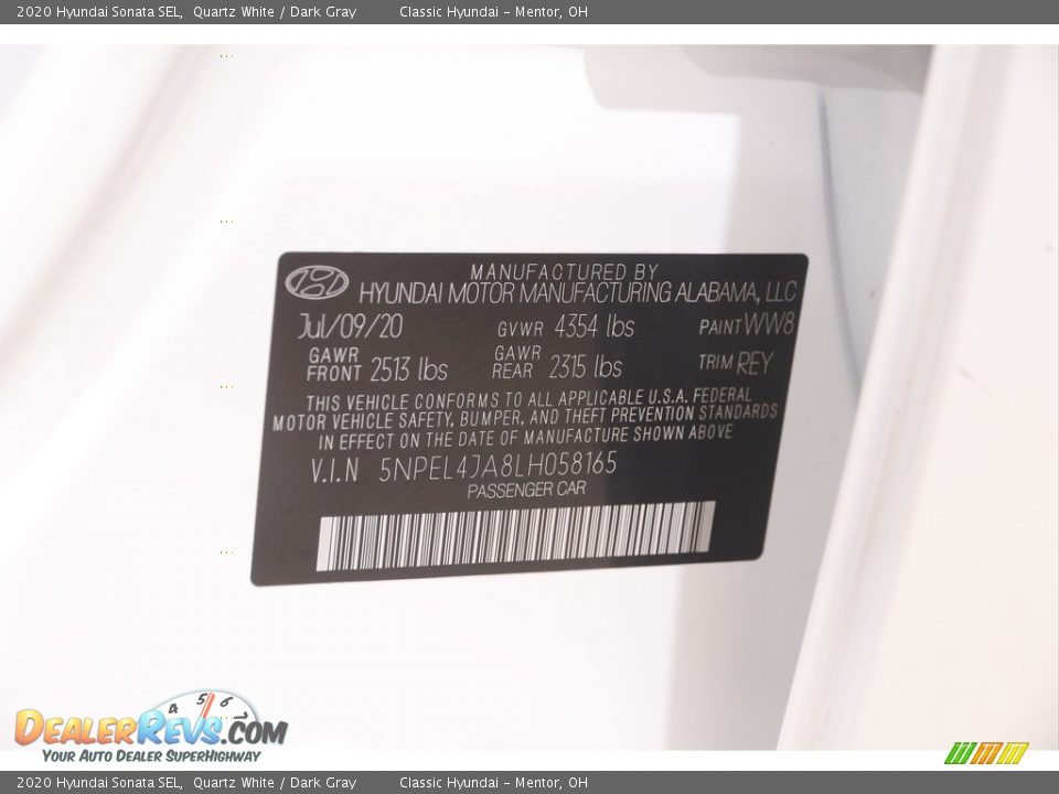 2020 Hyundai Sonata SEL Quartz White / Dark Gray Photo #21