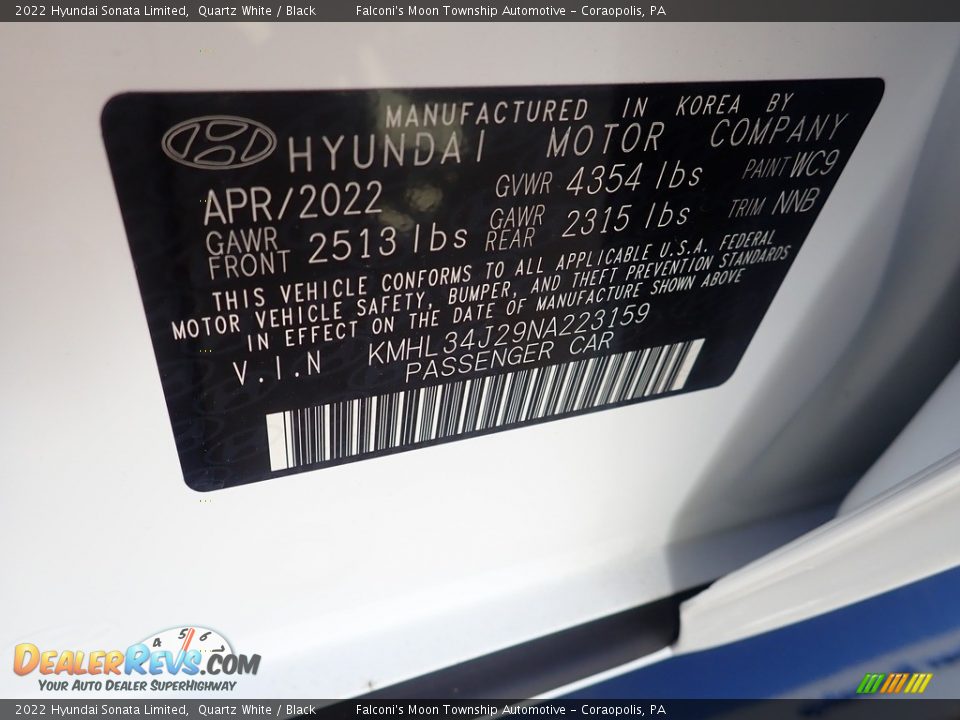 2022 Hyundai Sonata Limited Quartz White / Black Photo #18
