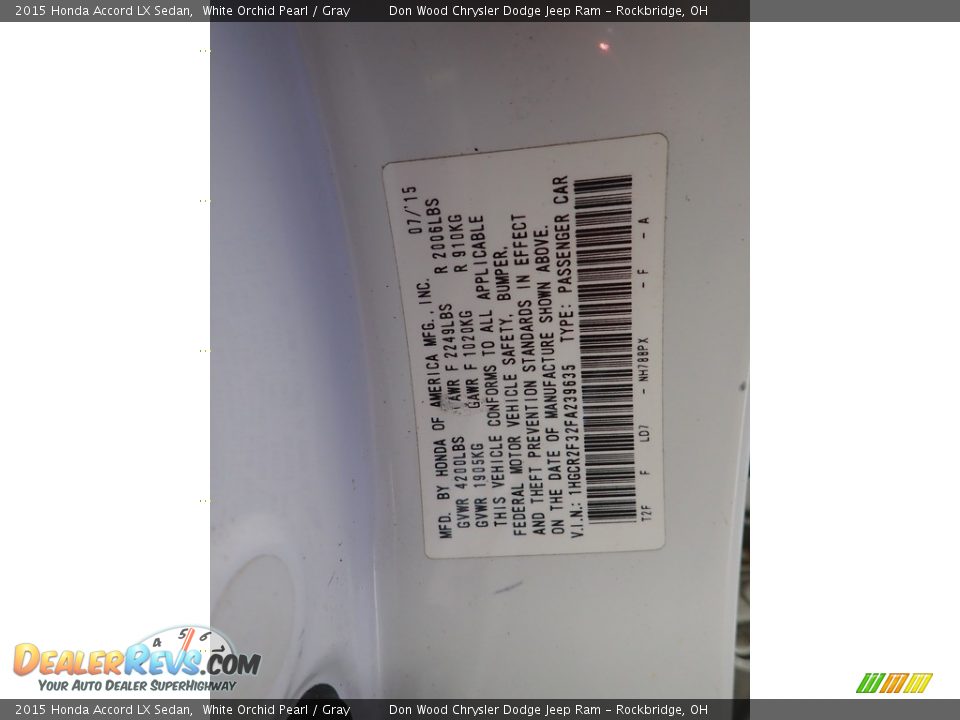 2015 Honda Accord LX Sedan White Orchid Pearl / Gray Photo #32