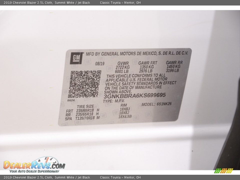 2019 Chevrolet Blazer 2.5L Cloth Summit White / Jet Black Photo #20