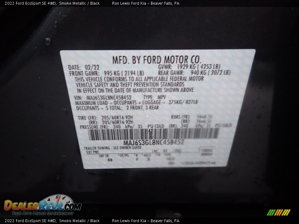 2022 Ford EcoSport SE 4WD Smoke Metallic / Black Photo #20