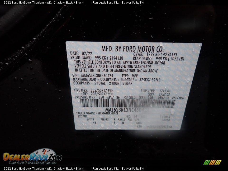 2022 Ford EcoSport Titanium 4WD Shadow Black / Black Photo #20