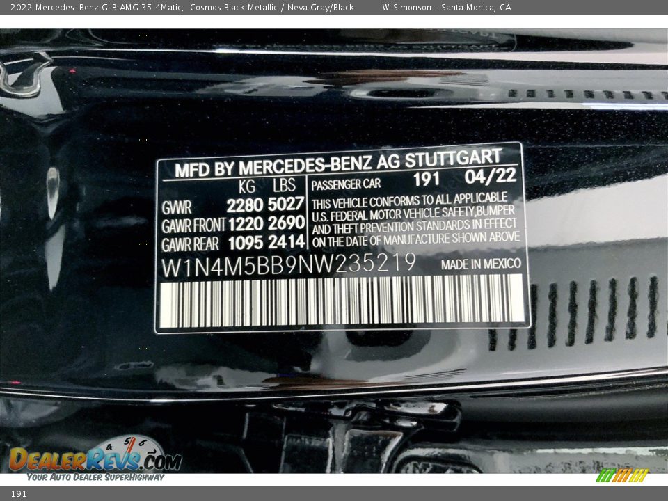 Mercedes-Benz Color Code 191 Cosmos Black Metallic