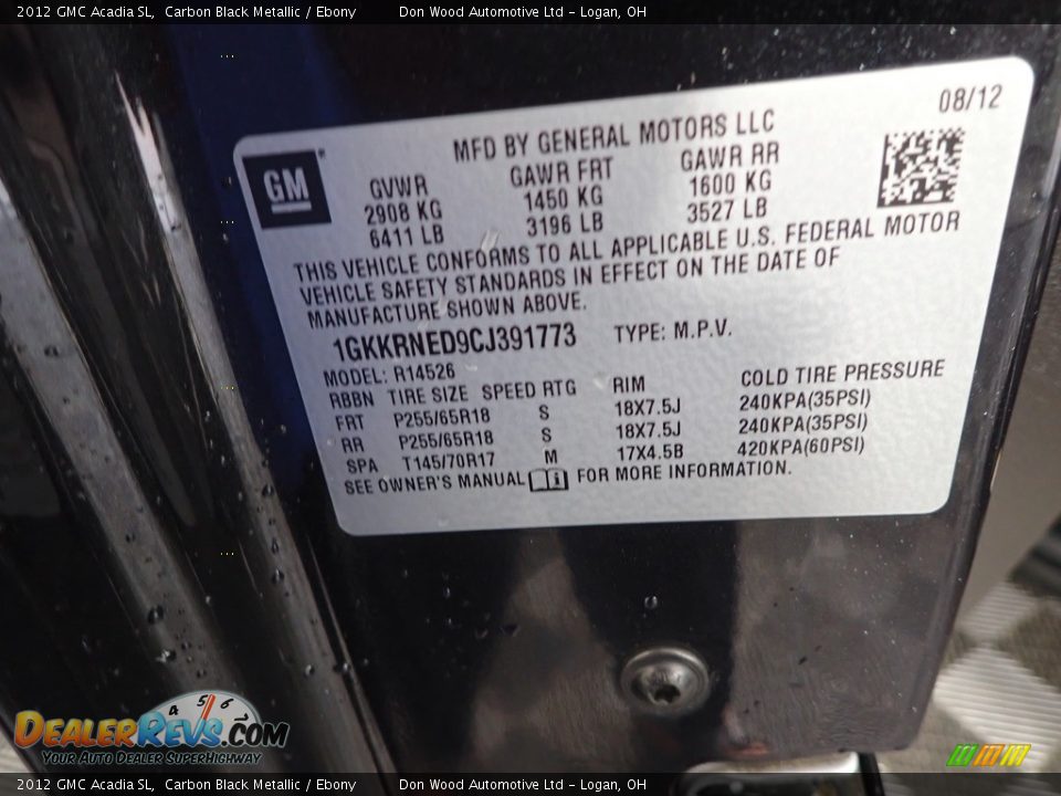 2012 GMC Acadia SL Carbon Black Metallic / Ebony Photo #33