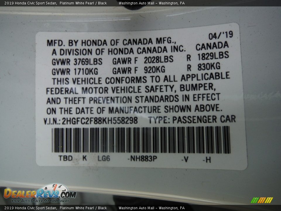 2019 Honda Civic Sport Sedan Platinum White Pearl / Black Photo #27