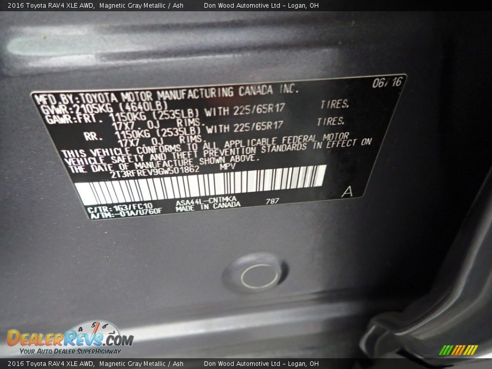 2016 Toyota RAV4 XLE AWD Magnetic Gray Metallic / Ash Photo #32