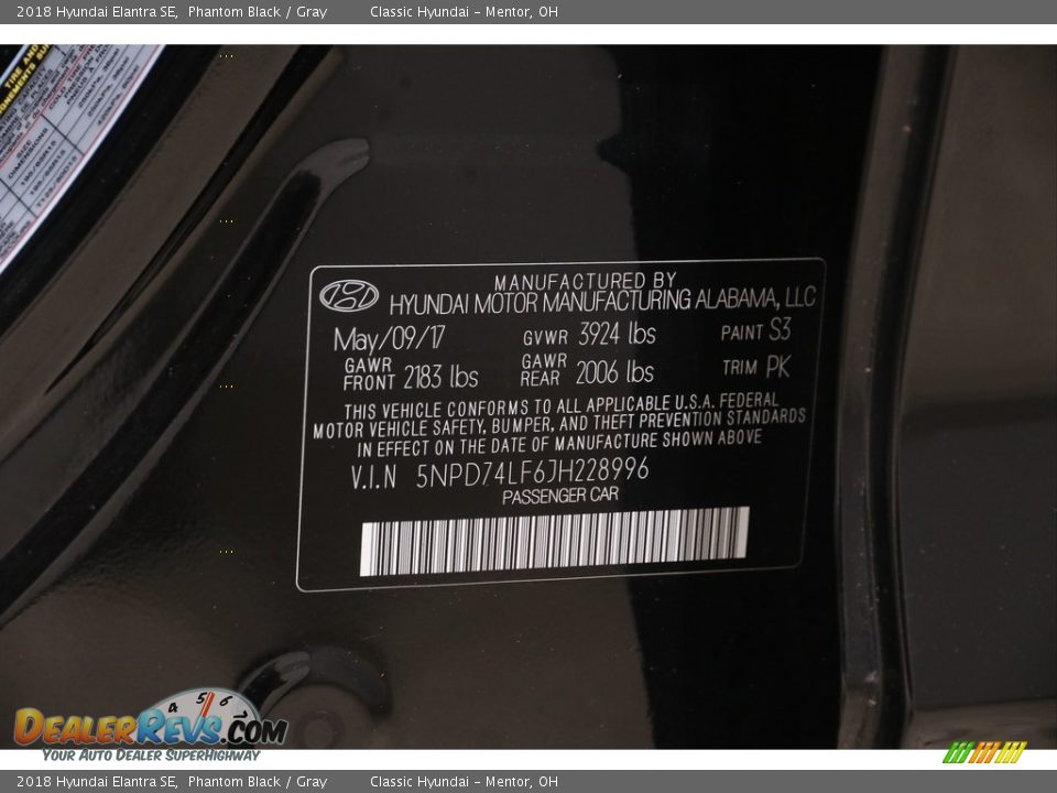 2018 Hyundai Elantra SE Phantom Black / Gray Photo #19