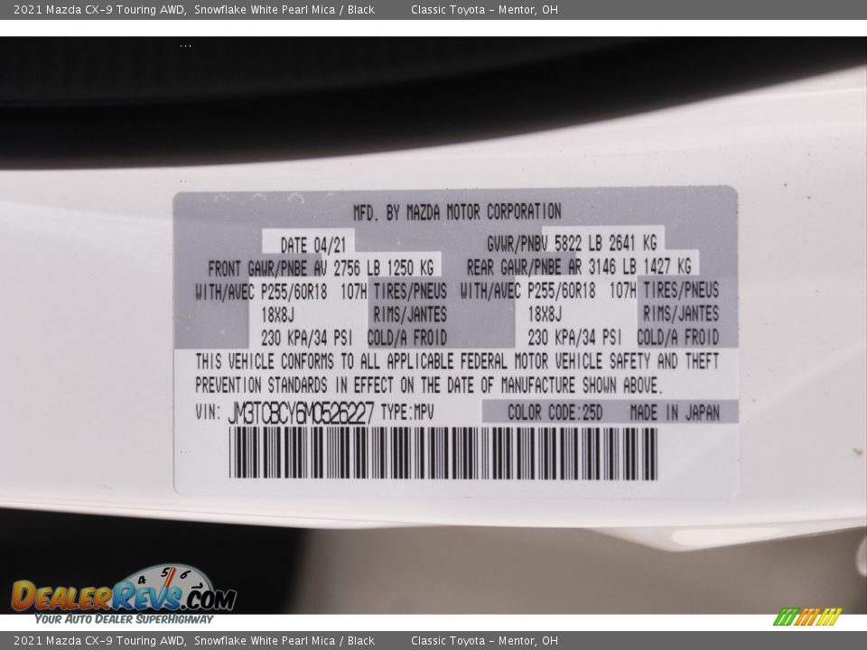 2021 Mazda CX-9 Touring AWD Snowflake White Pearl Mica / Black Photo #22