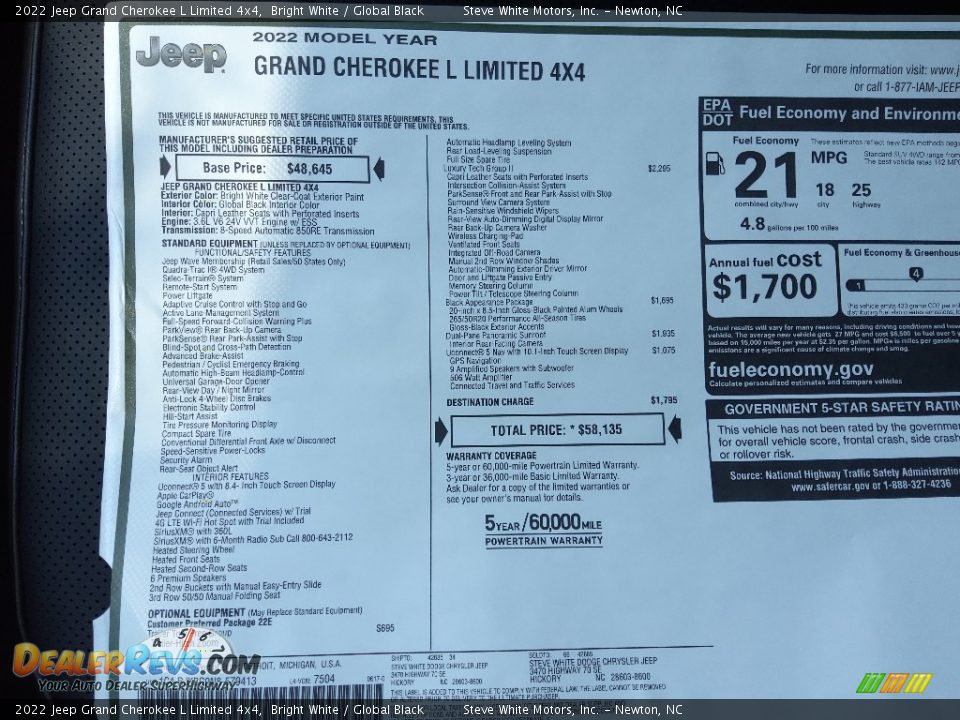 2022 Jeep Grand Cherokee L Limited 4x4 Bright White / Global Black Photo #35