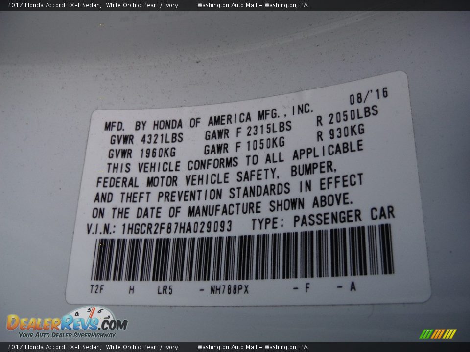 2017 Honda Accord EX-L Sedan White Orchid Pearl / Ivory Photo #29