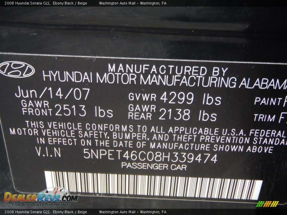 2008 Hyundai Sonata GLS Ebony Black / Beige Photo #19