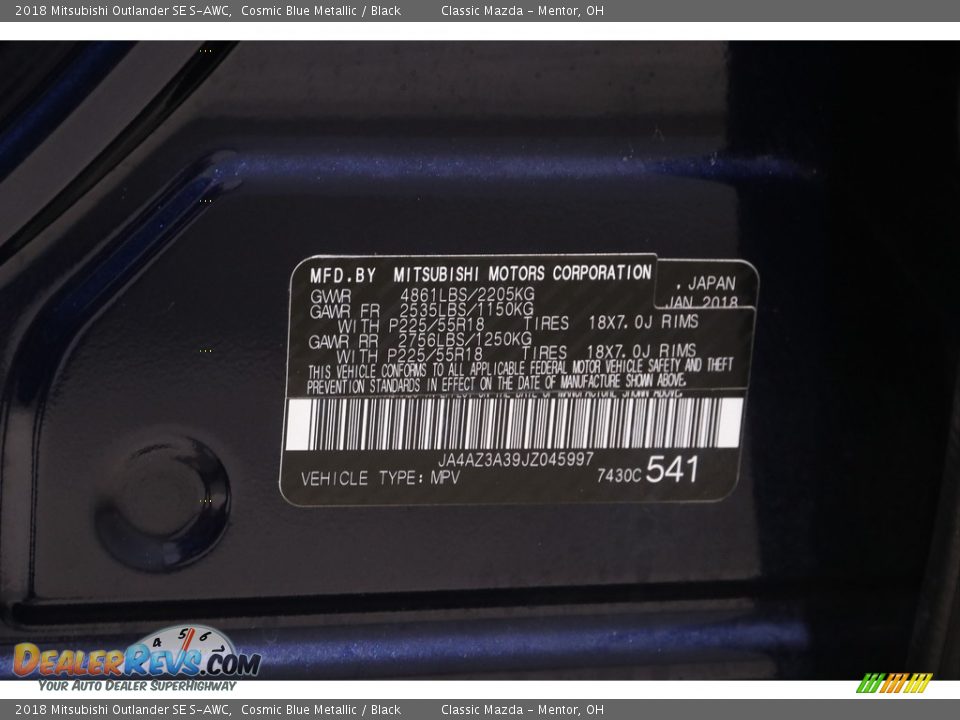 2018 Mitsubishi Outlander SE S-AWC Cosmic Blue Metallic / Black Photo #22