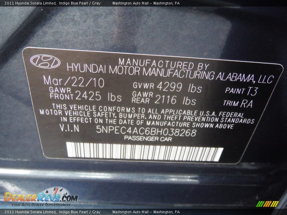 2011 Hyundai Sonata Limited Indigo Blue Pearl / Gray Photo #35