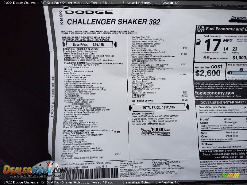 2022 Dodge Challenger R/T Scat Pack Shaker Widebody Window Sticker Photo #26