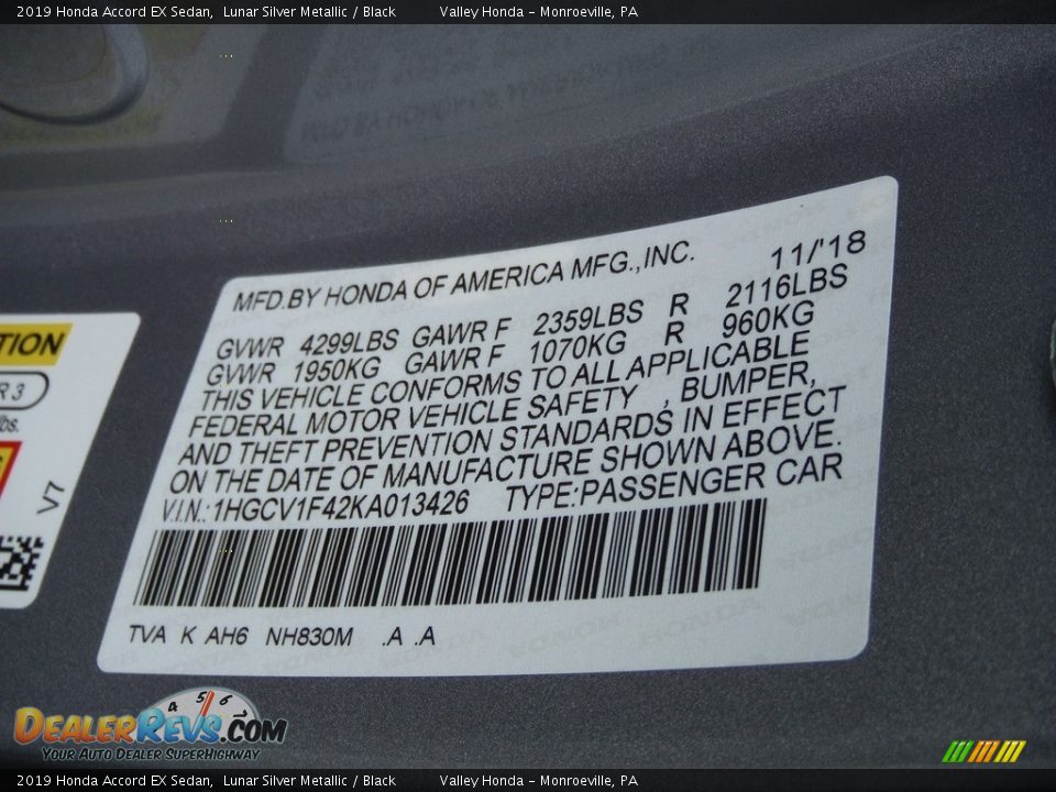 2019 Honda Accord EX Sedan Lunar Silver Metallic / Black Photo #31