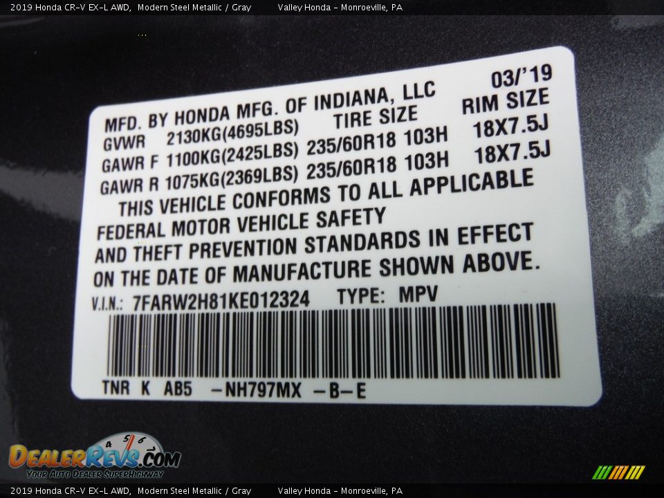 2019 Honda CR-V EX-L AWD Modern Steel Metallic / Gray Photo #34