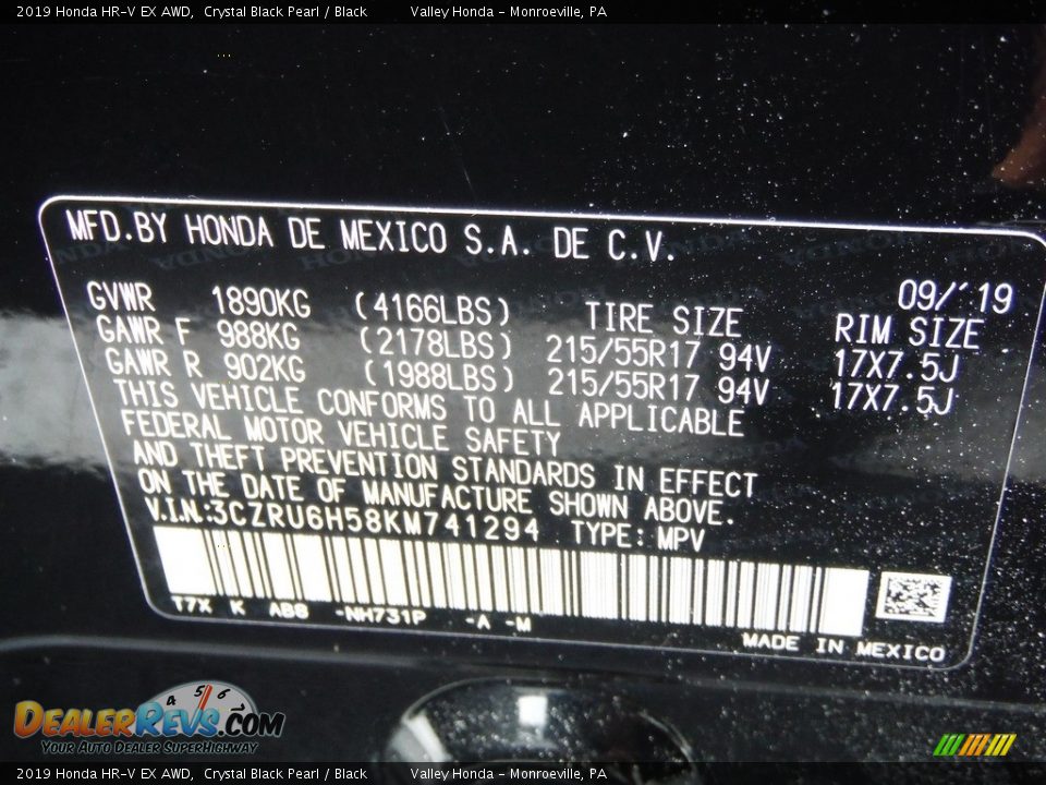 2019 Honda HR-V EX AWD Crystal Black Pearl / Black Photo #29