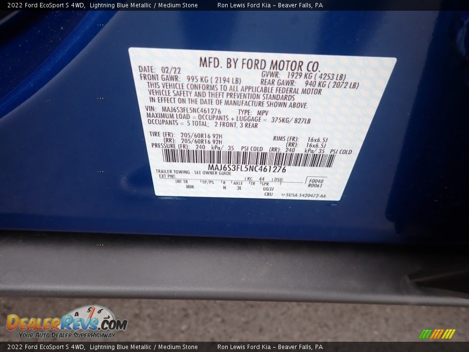 2022 Ford EcoSport S 4WD Lightning Blue Metallic / Medium Stone Photo #20