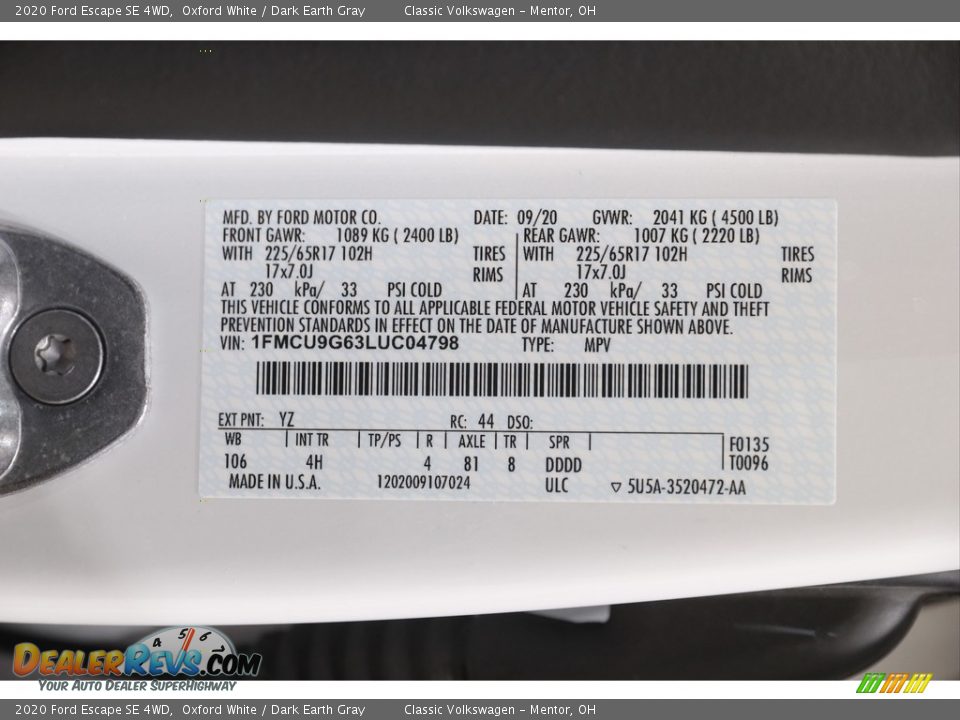 2020 Ford Escape SE 4WD Oxford White / Dark Earth Gray Photo #21