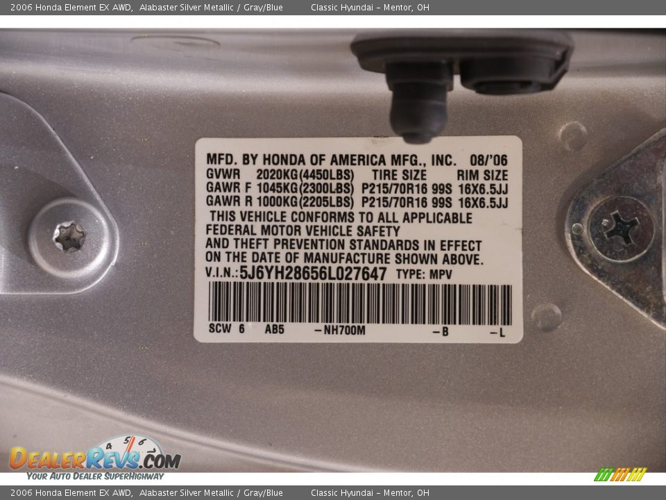 2006 Honda Element EX AWD Alabaster Silver Metallic / Gray/Blue Photo #17
