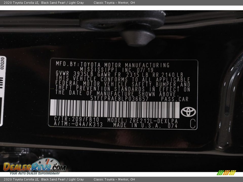 2020 Toyota Corolla LE Black Sand Pearl / Light Gray Photo #18