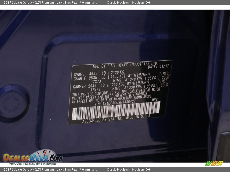 2017 Subaru Outback 2.5i Premium Lapis Blue Pearl / Warm Ivory Photo #21
