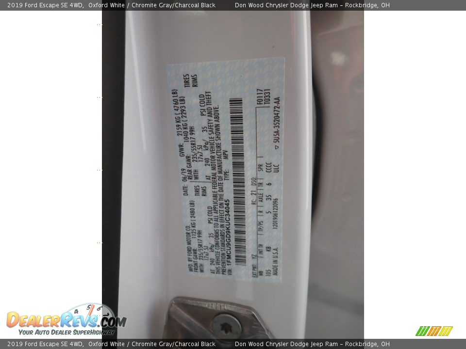 2019 Ford Escape SE 4WD Oxford White / Chromite Gray/Charcoal Black Photo #32