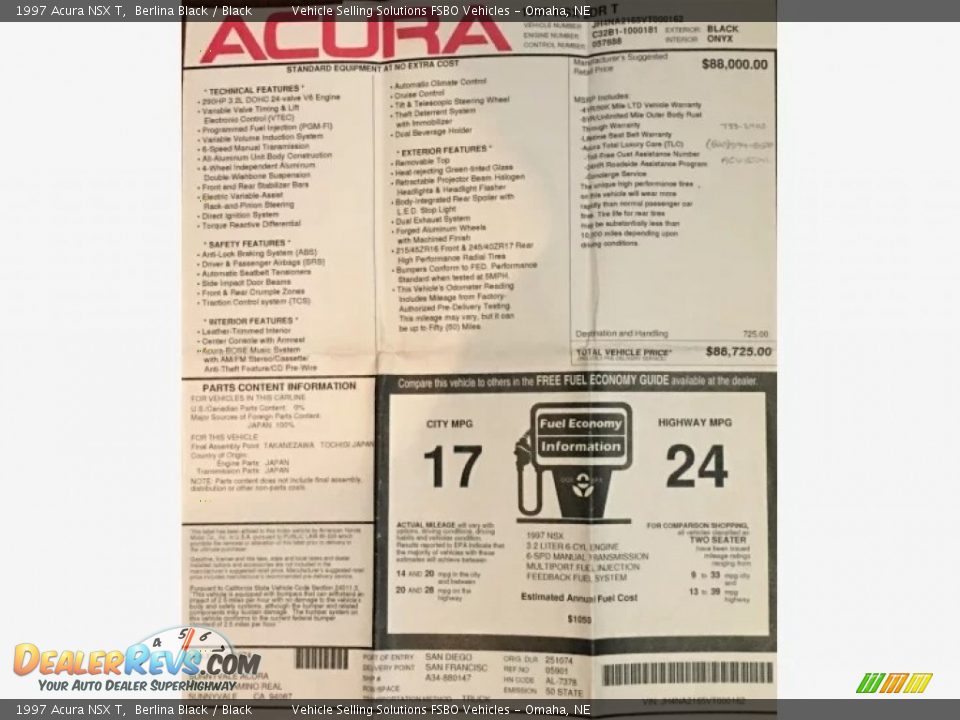 1997 Acura NSX T Window Sticker Photo #33