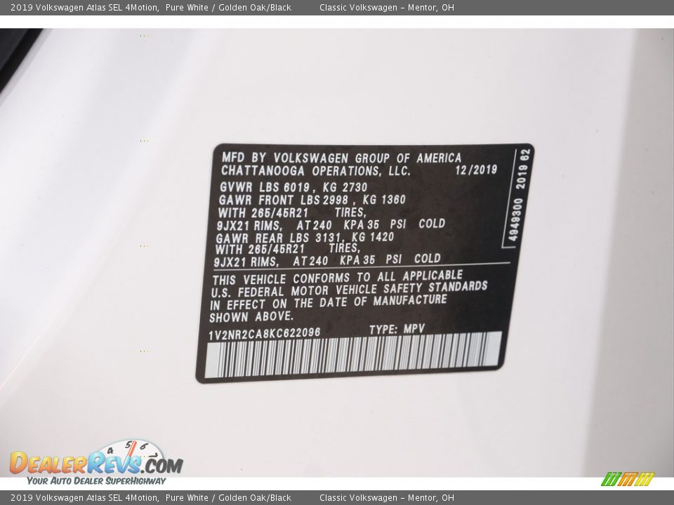 2019 Volkswagen Atlas SEL 4Motion Pure White / Golden Oak/Black Photo #23
