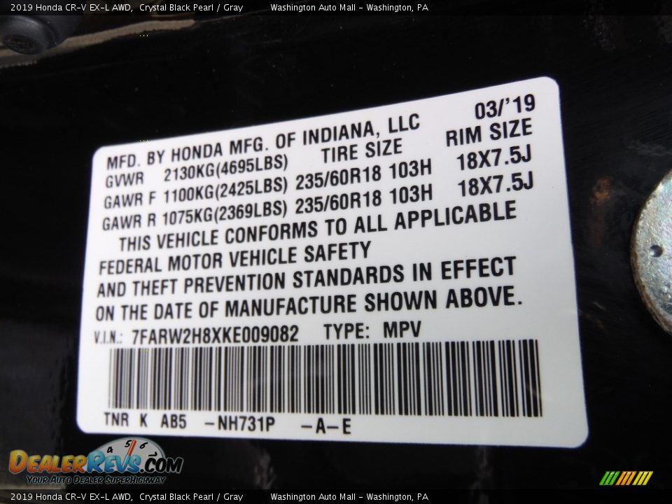 2019 Honda CR-V EX-L AWD Crystal Black Pearl / Gray Photo #34