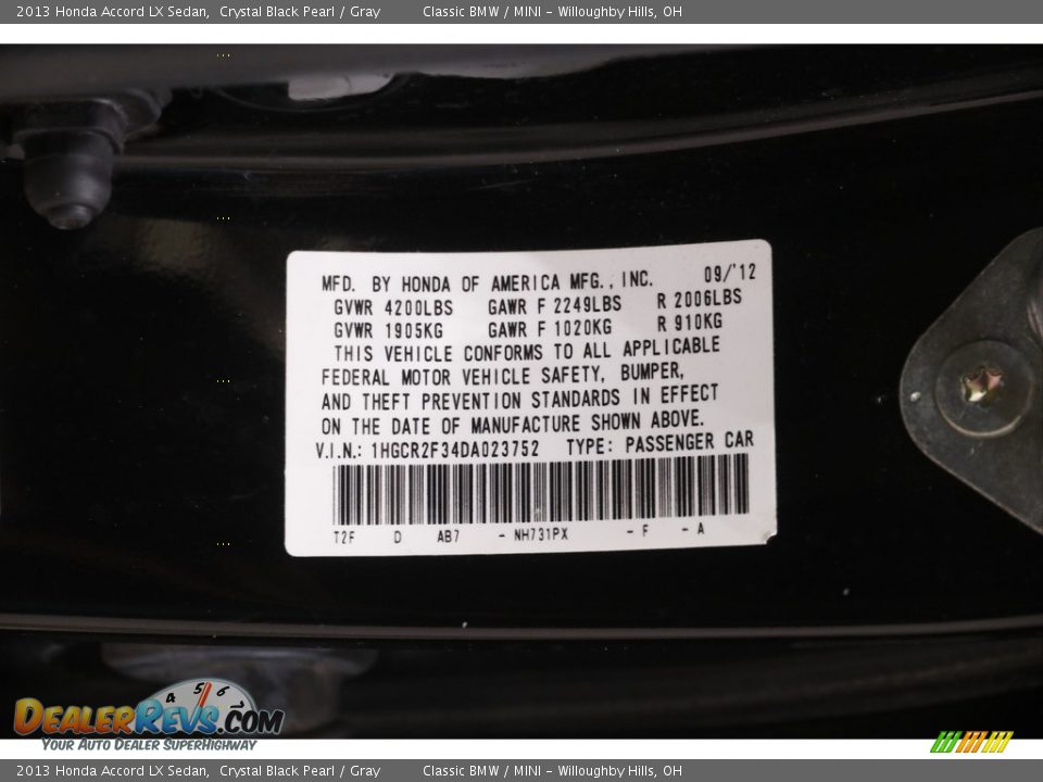 2013 Honda Accord LX Sedan Crystal Black Pearl / Gray Photo #19