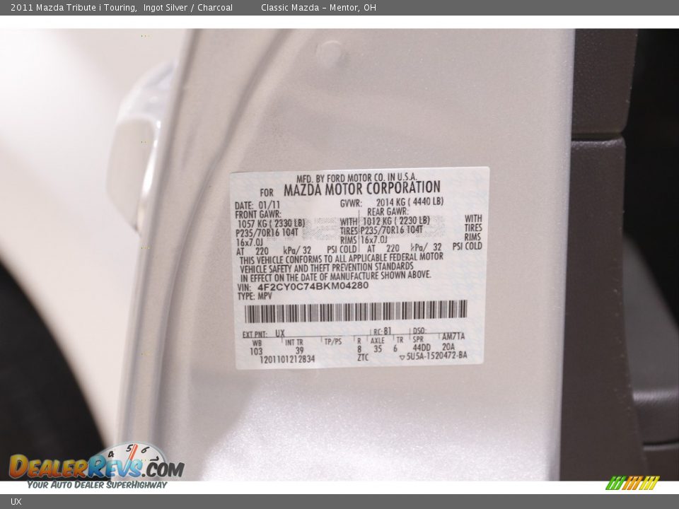 Mazda Color Code UX Ingot Silver