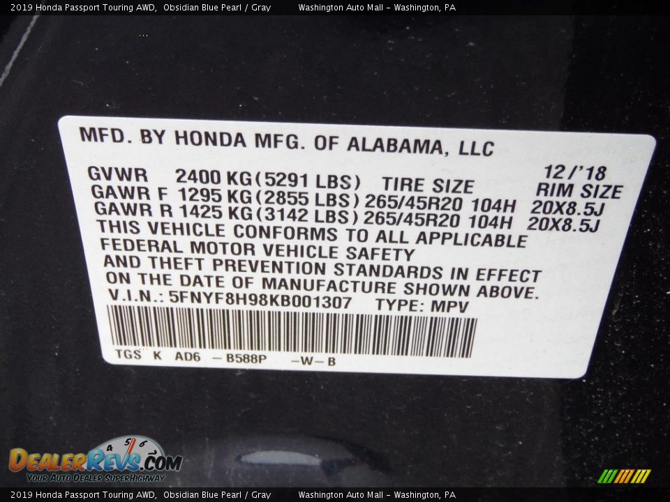 2019 Honda Passport Touring AWD Obsidian Blue Pearl / Gray Photo #34