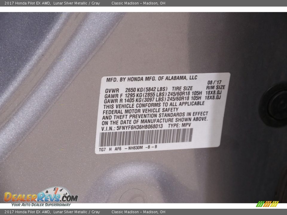 2017 Honda Pilot EX AWD Lunar Silver Metallic / Gray Photo #22