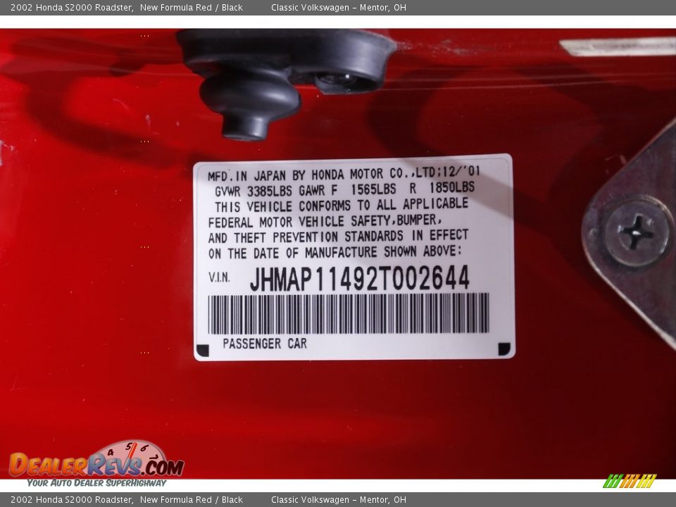 2002 Honda S2000 Roadster New Formula Red / Black Photo #24